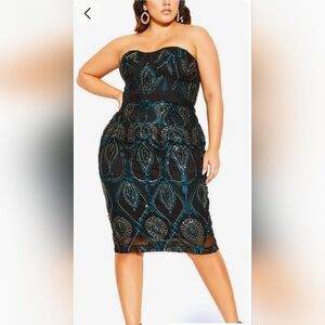 City Chic Teal Black Strapless Bustier Cocktail Midi Dress Sequins Sz 20 NWT